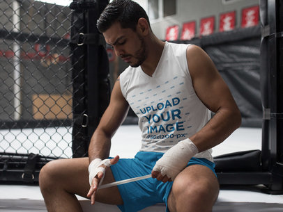Sports Mockup of an MMA Student Wearing Custom Sportswear While Wrapping his Hands