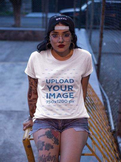 mockup t-shirt with model tattoo Round Tattooed  Tee Neck Outdoors a Wearing Mockup While Woman  Placeit a Hat with