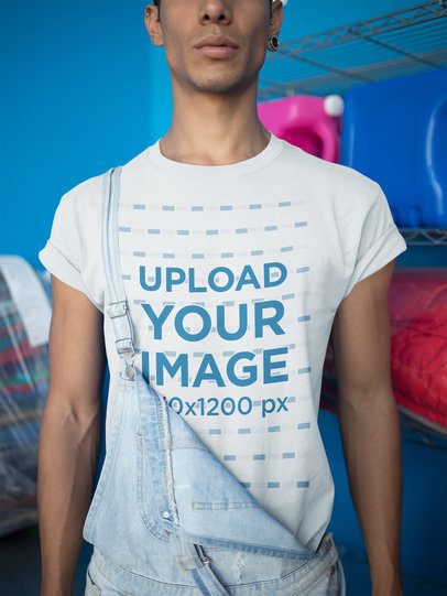 Skinny Man Wearing a T-Shirt Mockup and a Denim Overall