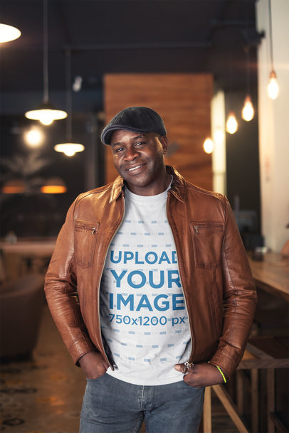 T-Shirt Mockup of a Black Man with a Leather Jacket and a Beret