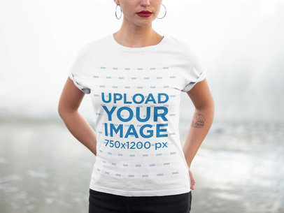 mockup with model tattoo t-shirt Hoodie of Woman a  a Placeit Serious Look Wearing Pullover with Mockup a