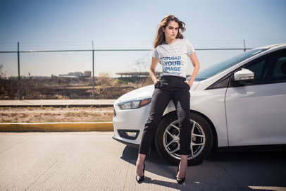 T-Shirt Mockup of a Stylish Woman in Office Outfit Leaning Against a Car
