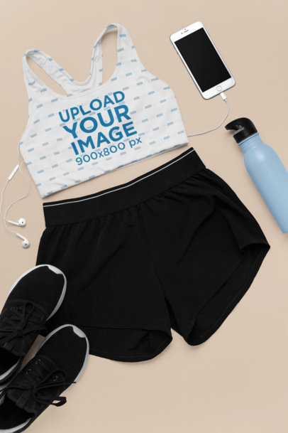 Sports Bra Mockup Featuring a Cute Sporty Outfit with Shorts