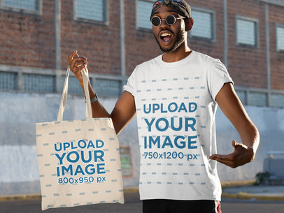 Tote Bag Mockup of a Trendy Man Wearing a Crewneck Tee 29435