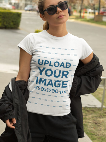 Athleisure-Styled T-Shirt Mockup Featuring a Woman with Sunglasses 32444